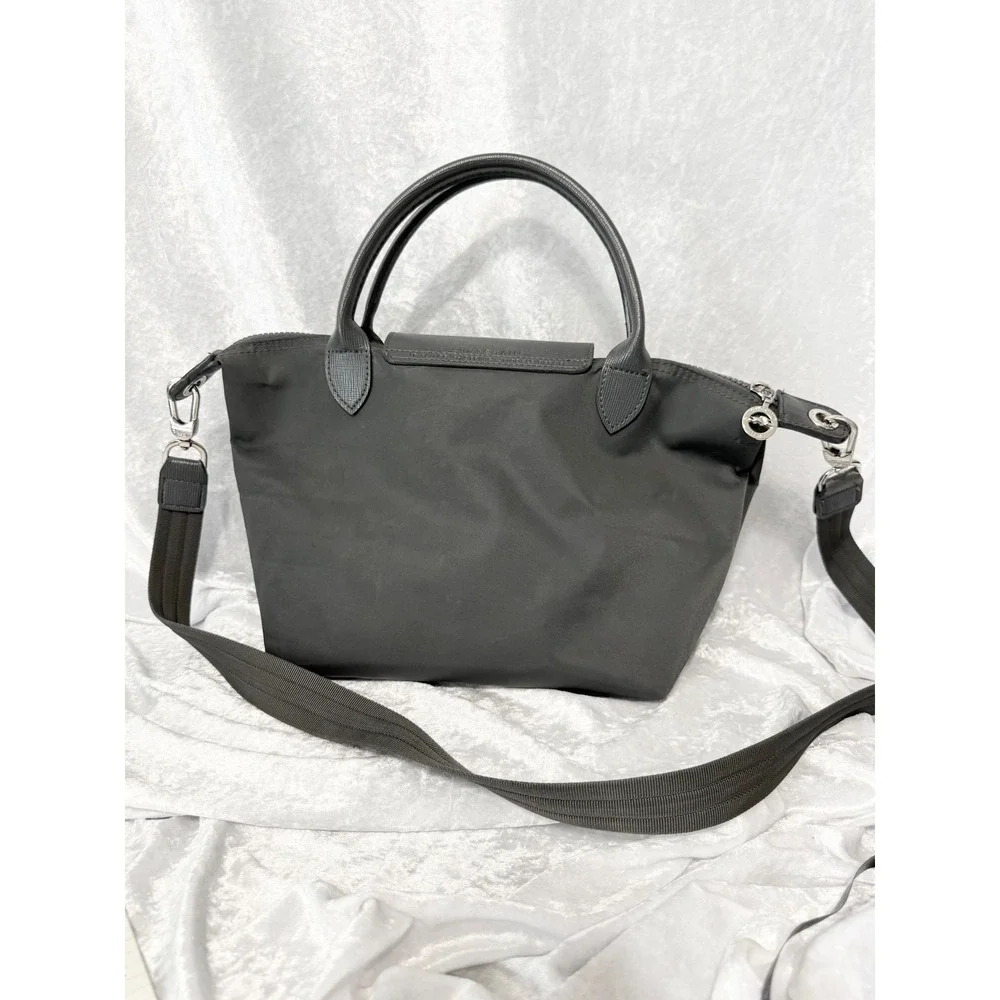 Longchamp Le Pliage Shopping Depose Handbag Grey Nylon Leather Crossbody Satchel